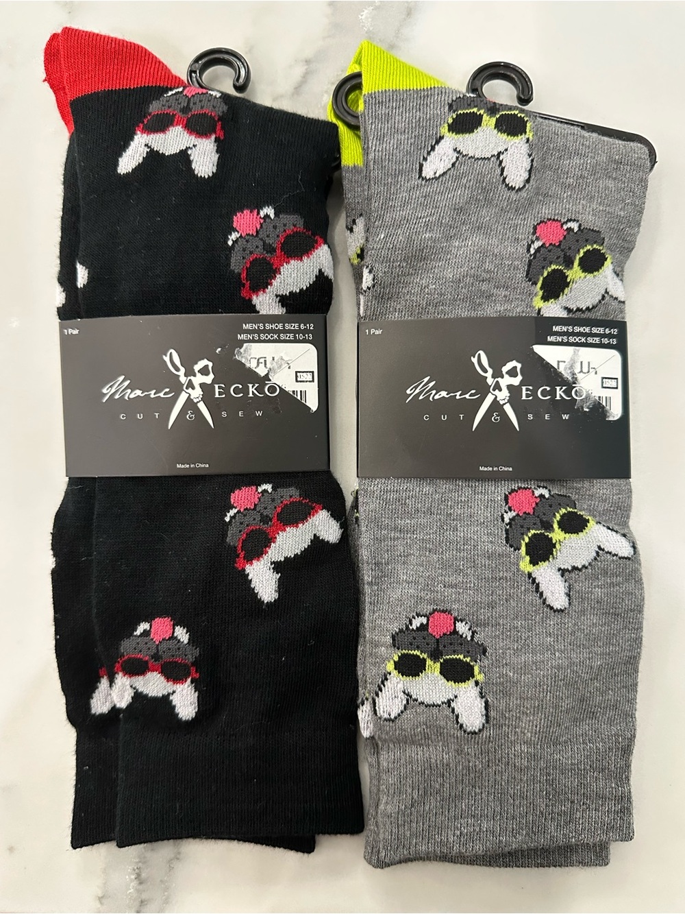 Marc Ecko Men’s Dog-Print Crew Socks - Black & Gray with Neon Accents